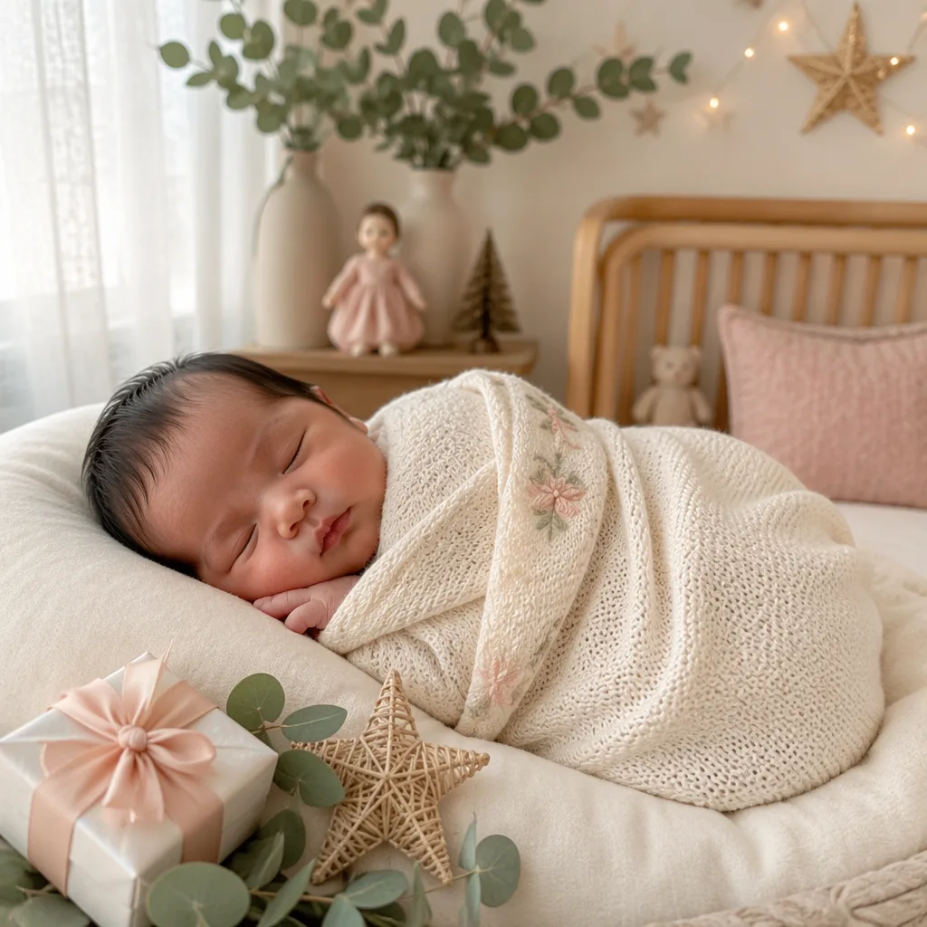 A peaceful Filipino newborn in a soft pastel nursery with gentle Christmas-inspired details.