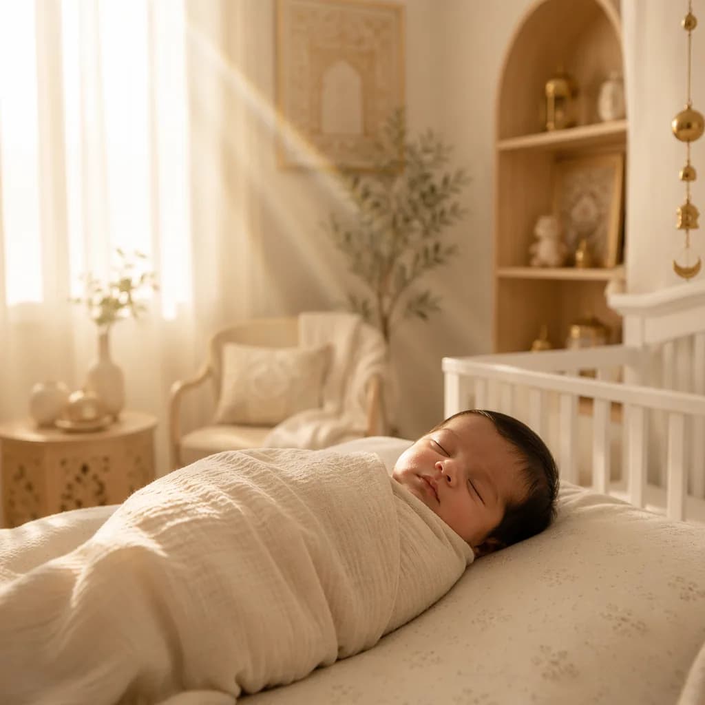 Sleeping newborn in a softly lit cozy nursery with warm pastel tones