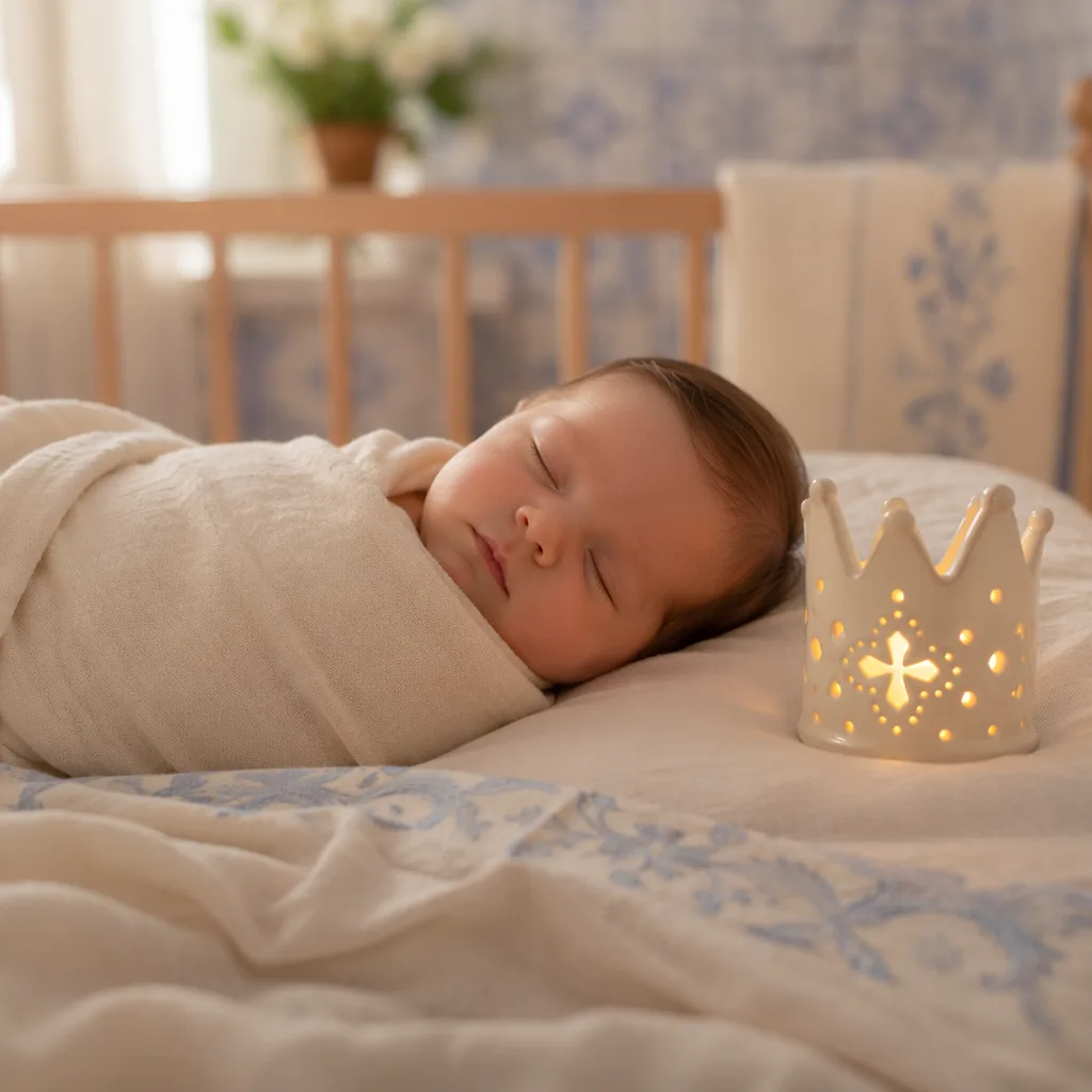 Sleeping baby in a soft pastel Portuguese-inspired nursery