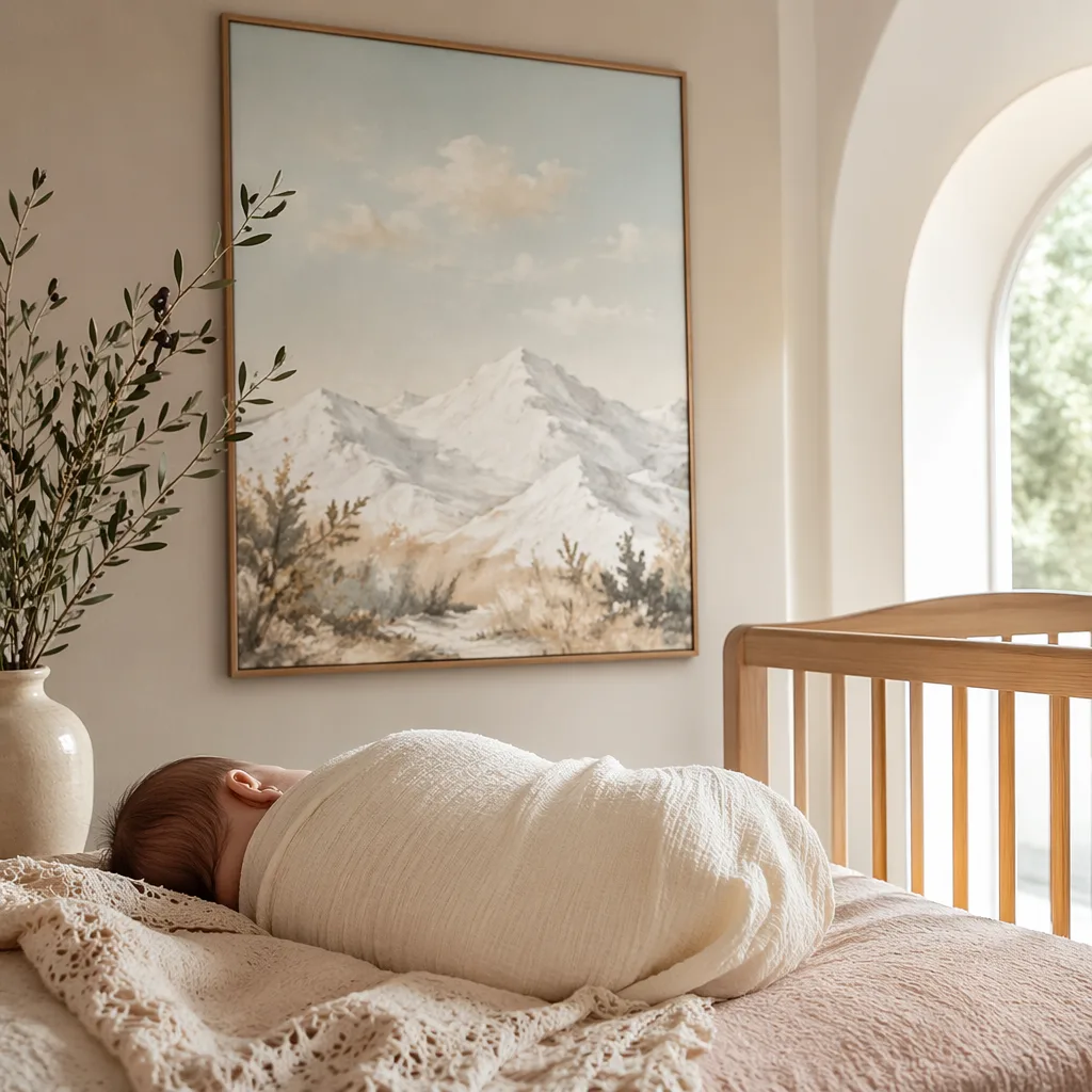 Soft Spanish-inspired nursery with a sleeping swaddled baby and pastel mountain decor.