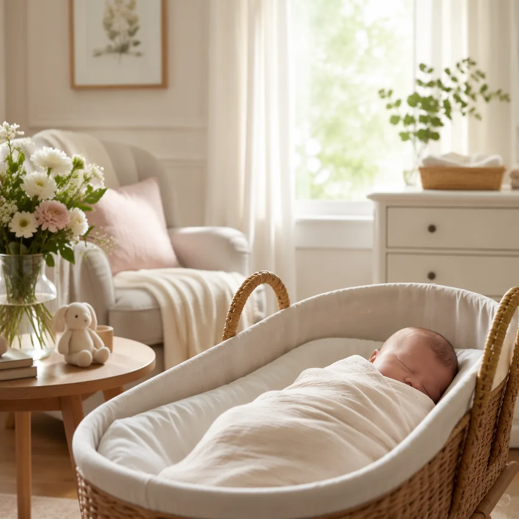 A softly lit modern nursery with a swaddled sleeping baby and gentle pastel decor.