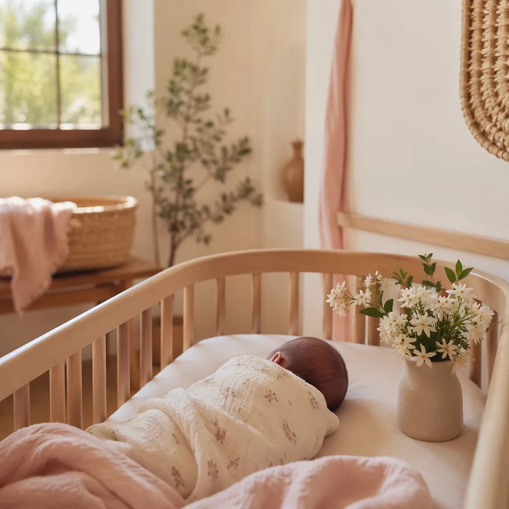 Soft pastel nursery with a swaddled baby and jasmine flowers in natural light