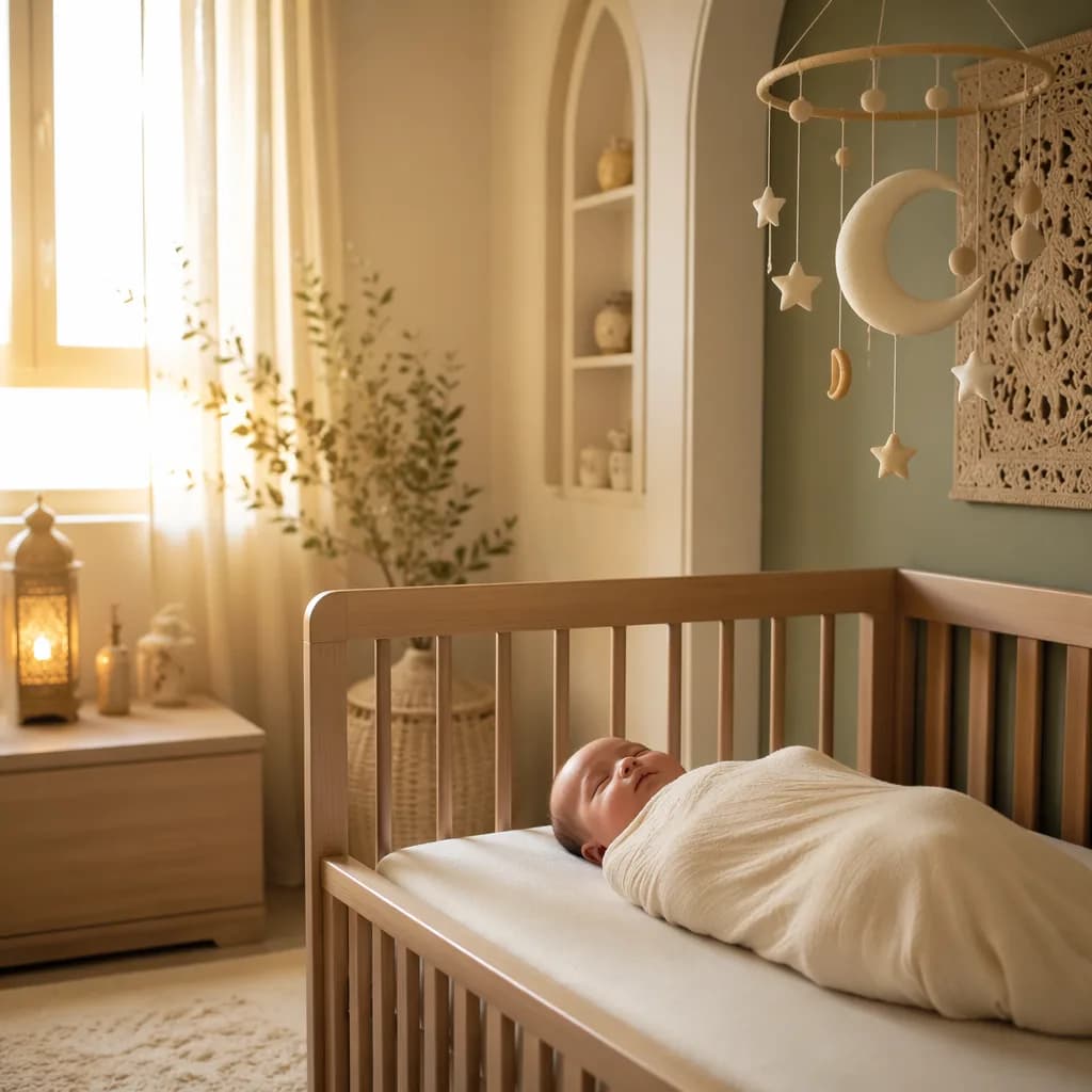 Sleeping newborn in a softly lit pastel nursery with a crescent moon mobile.