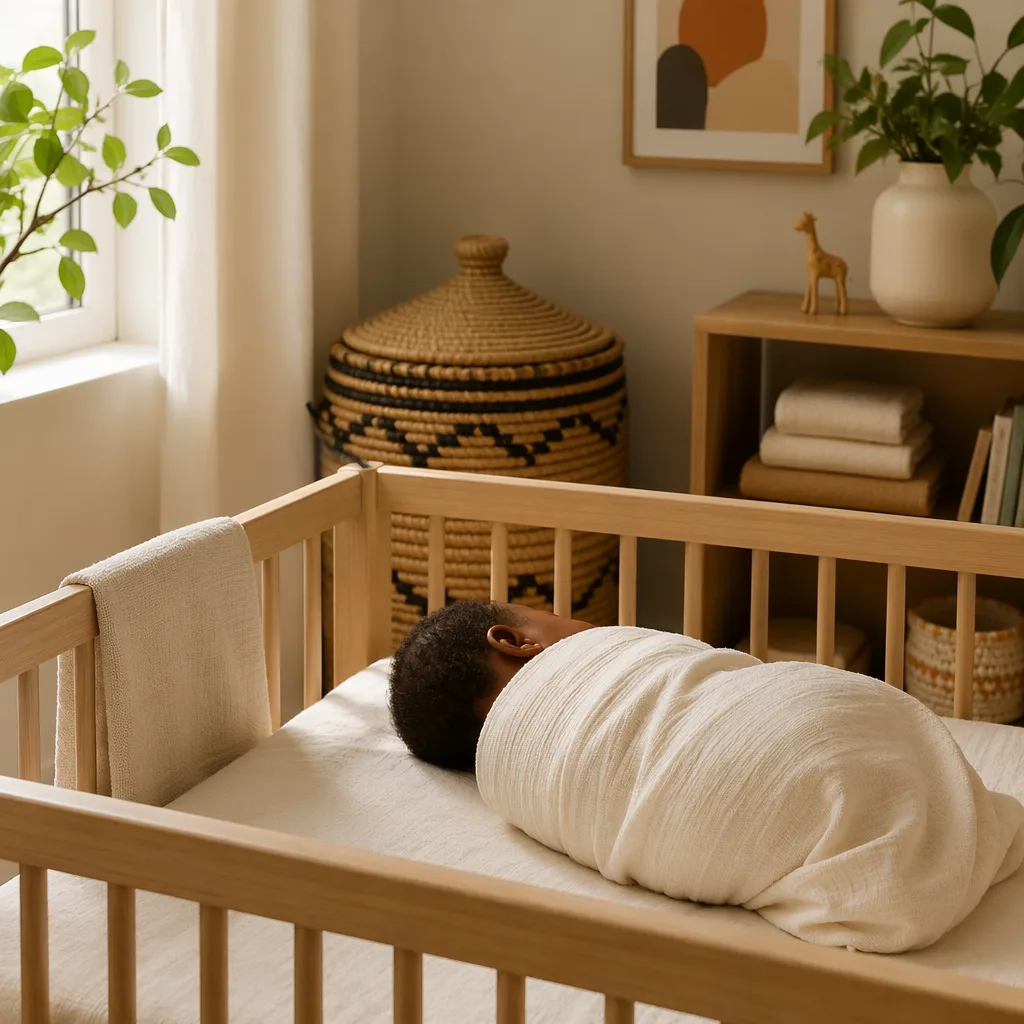 A softly lit modern nursery with a swaddled Nigerian baby and woven decor.