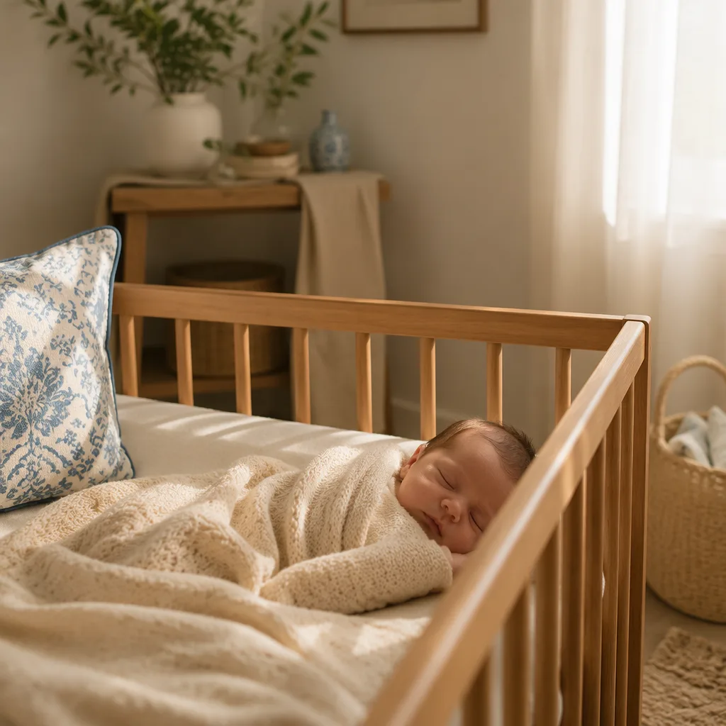 Sleeping newborn in a soft Portuguese-inspired nursery with pastel decor and gentle natural light.