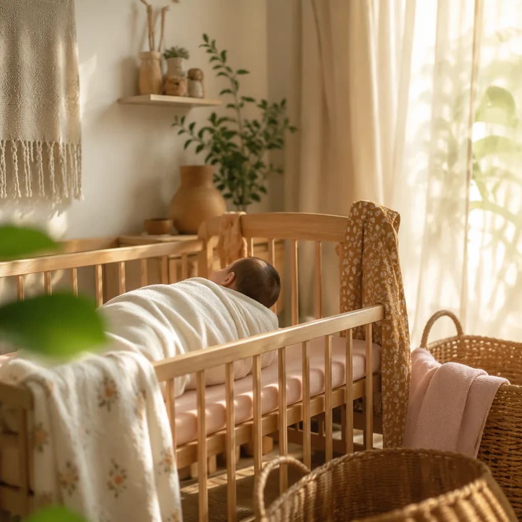 Soft sunlit nursery with a swaddled Indonesian baby and cozy pastel decor.