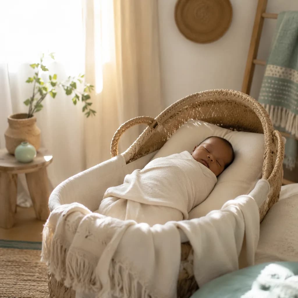 A softly lit cozy nursery with a swaddled sleeping baby in a woven bassinet.