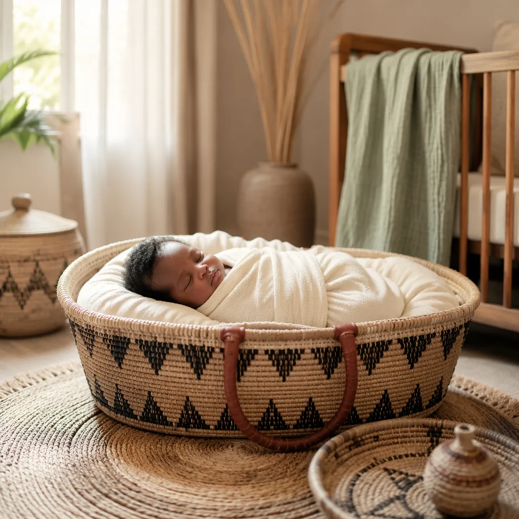 Peaceful newborn in a softly lit nursery with Igbo-inspired woven details.