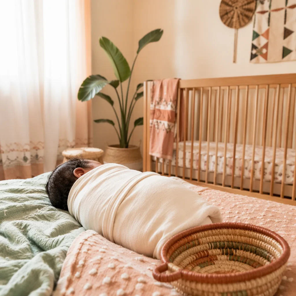 Peaceful Igbo-inspired nursery with a swaddled newborn in warm pastel light
