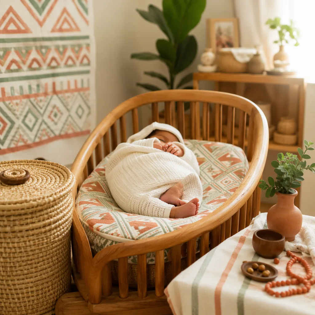 Sleeping swaddled newborn in a soft Igbo-inspired nursery with woven accents and pastel light.