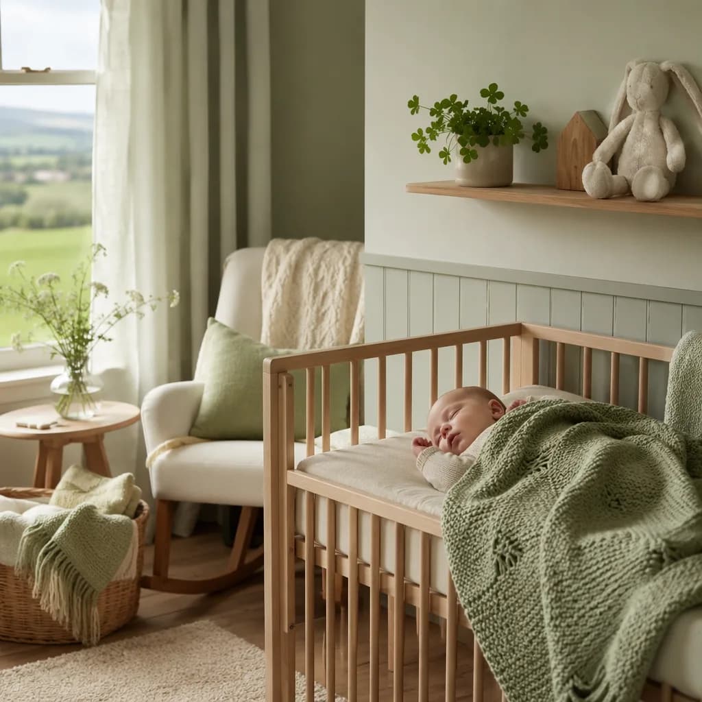 Peaceful Irish-inspired nursery with a sleeping baby and soft pale green accents.