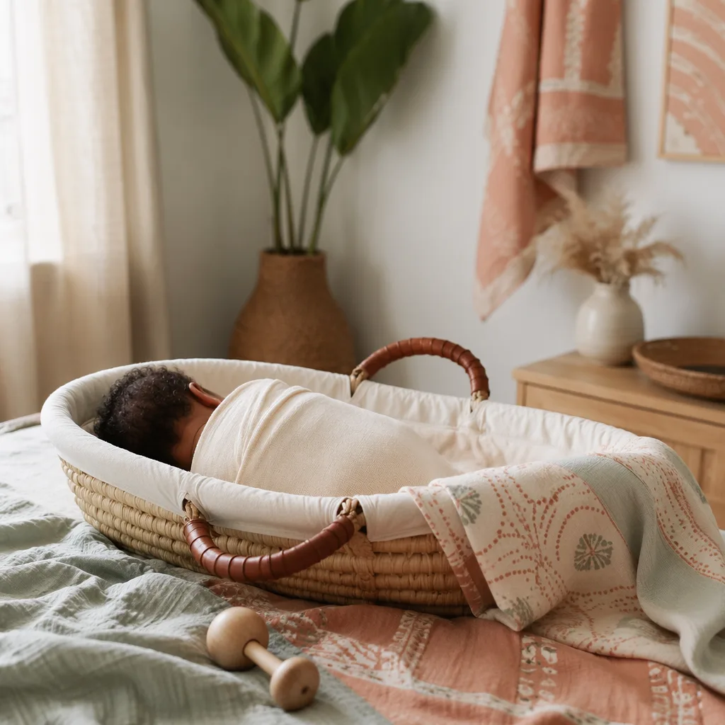 A peaceful Nigerian newborn nursery scene with soft pastel blankets and woven baby decor.