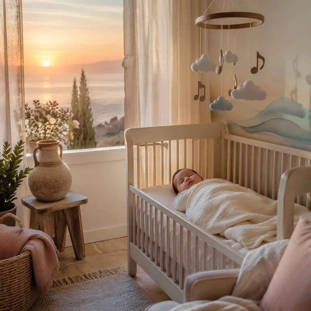 Soft sunrise nursery with a sleeping swaddled baby, horizon view, and gentle musical mobile.
