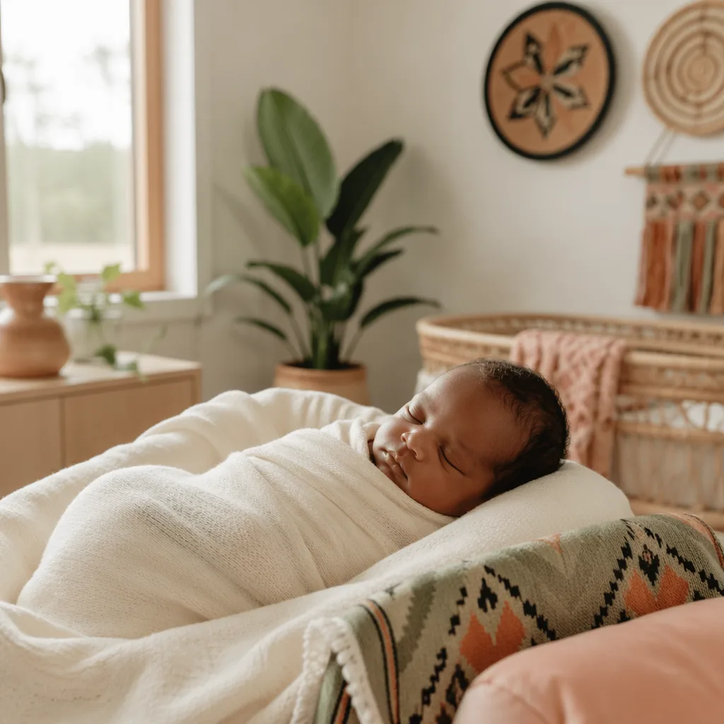 Peaceful newborn in a cozy nursery with soft Igbo-inspired textiles and warm natural light