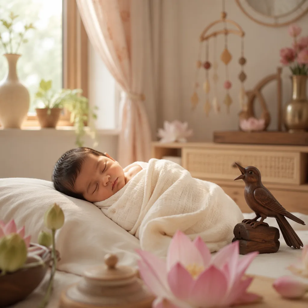 Sleeping Bengali baby in a soft pastel nursery with lotus flowers and a small koel bird figurine