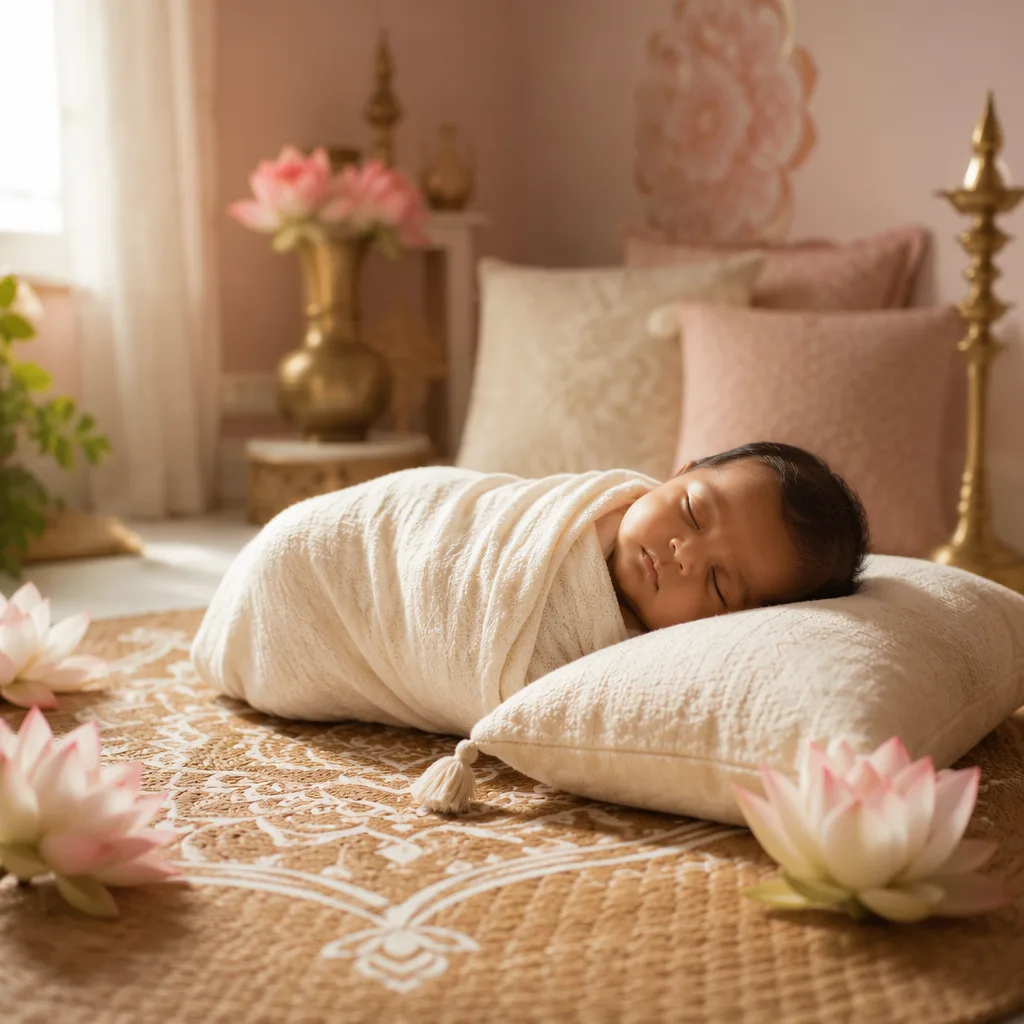 A serene Bengali-inspired nursery with a swaddled sleeping baby, lotus flowers, and soft pastel light.