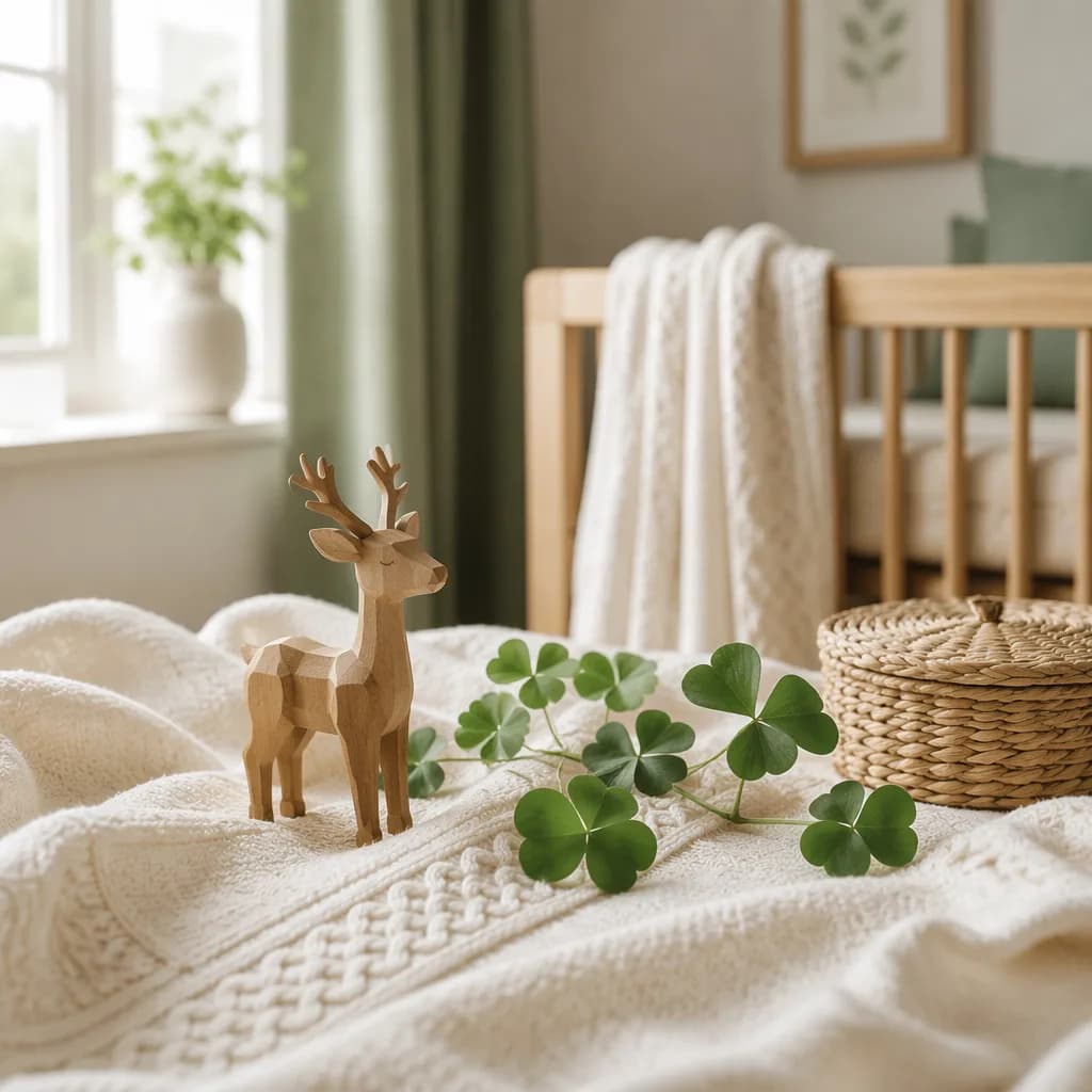 Soft Irish-inspired nursery still life with a wooden deer figurine and pastel baby blanket.