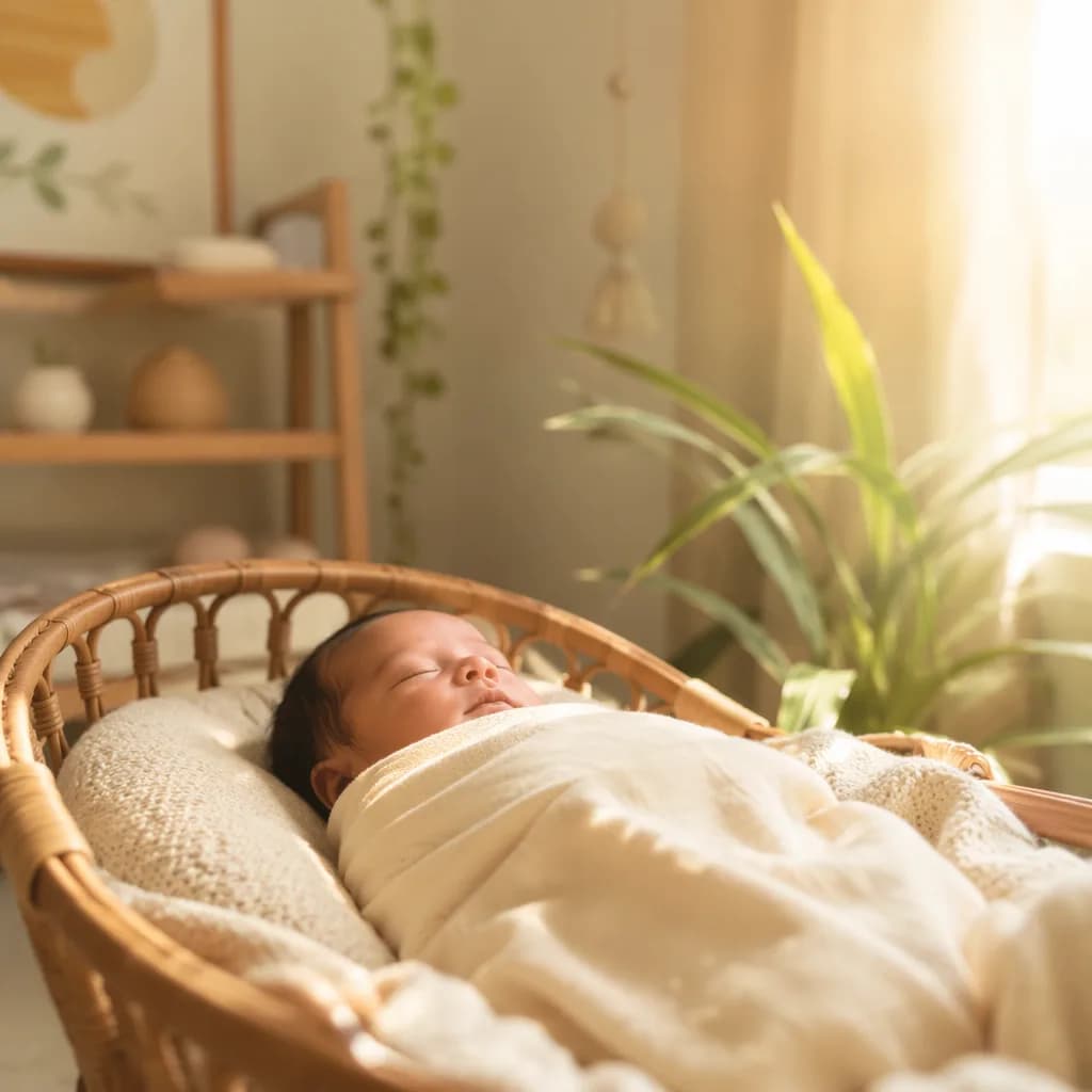 Peaceful baby in a sunlit pastel nursery symbolizing vitality and growth.