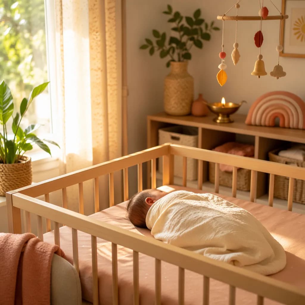 A softly lit nursery with a sleeping baby wrapped in cream, evoking radiant warmth for the name Ojasvi.