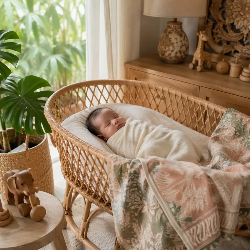 Sleeping baby in a cozy Indonesian-inspired nursery with soft pastel decor.