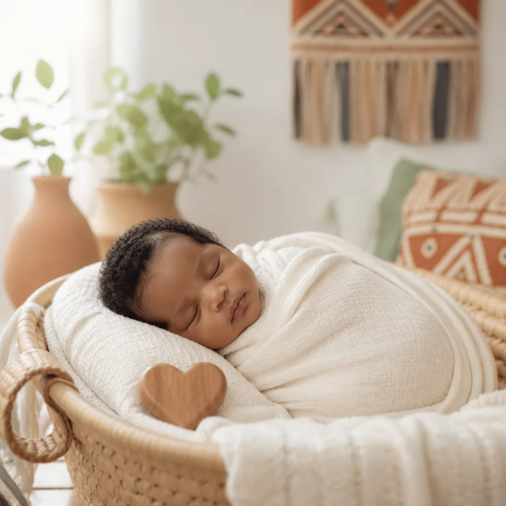 Peaceful swaddled baby in a warm Igbo-inspired nursery.
