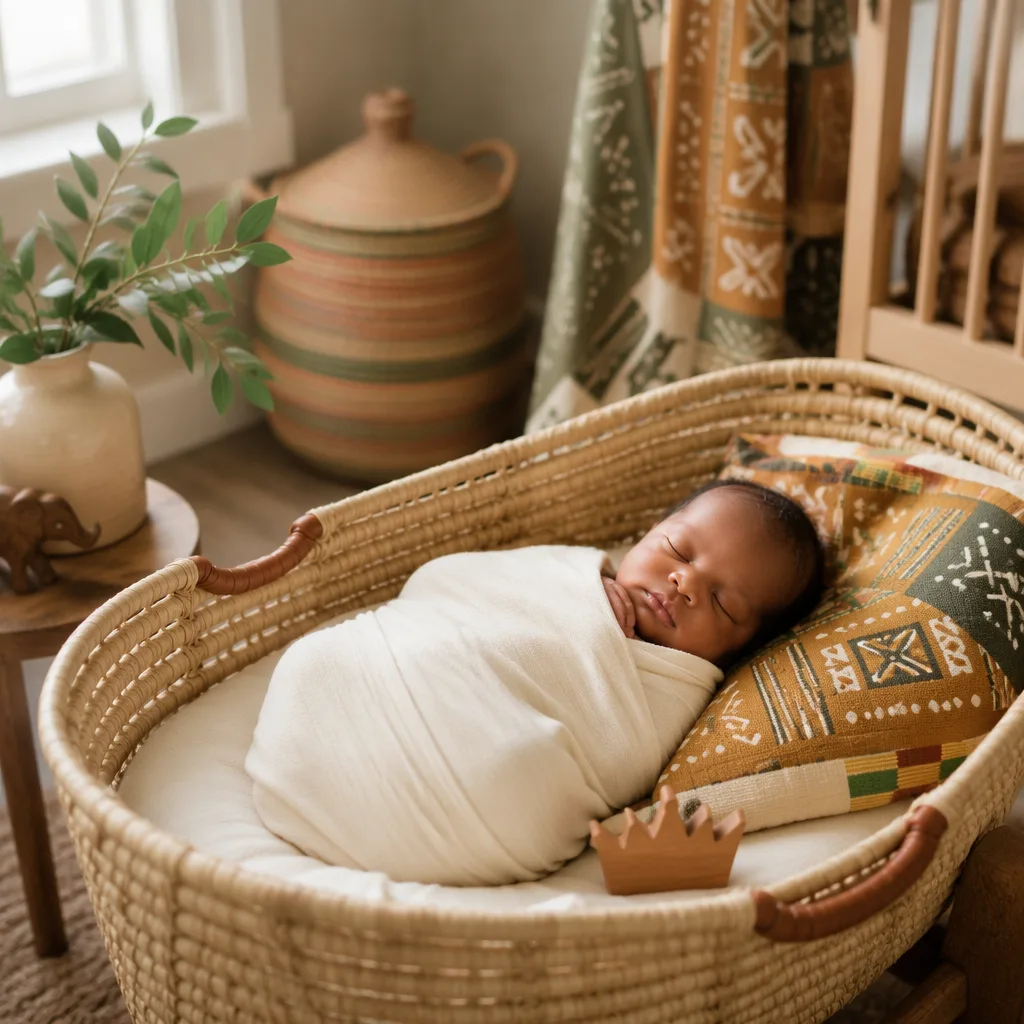 Sleeping newborn in a soft Yoruba-inspired nursery with warm woven accents.