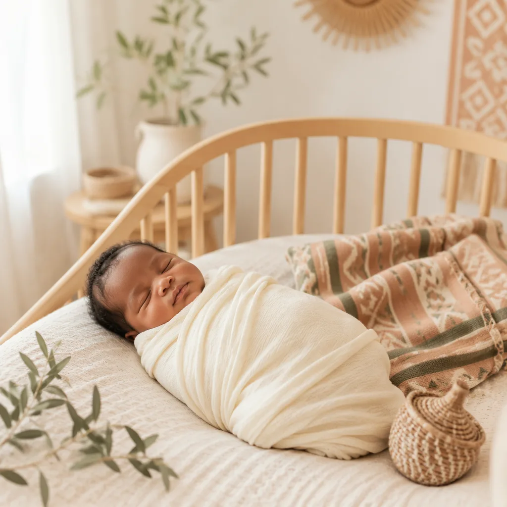 Peaceful swaddled newborn in a warm pastel nursery with subtle Igbo-inspired textiles.