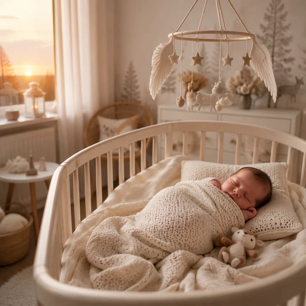 A softly lit pastel nursery with a swaddled newborn and a delicate wing mobile.