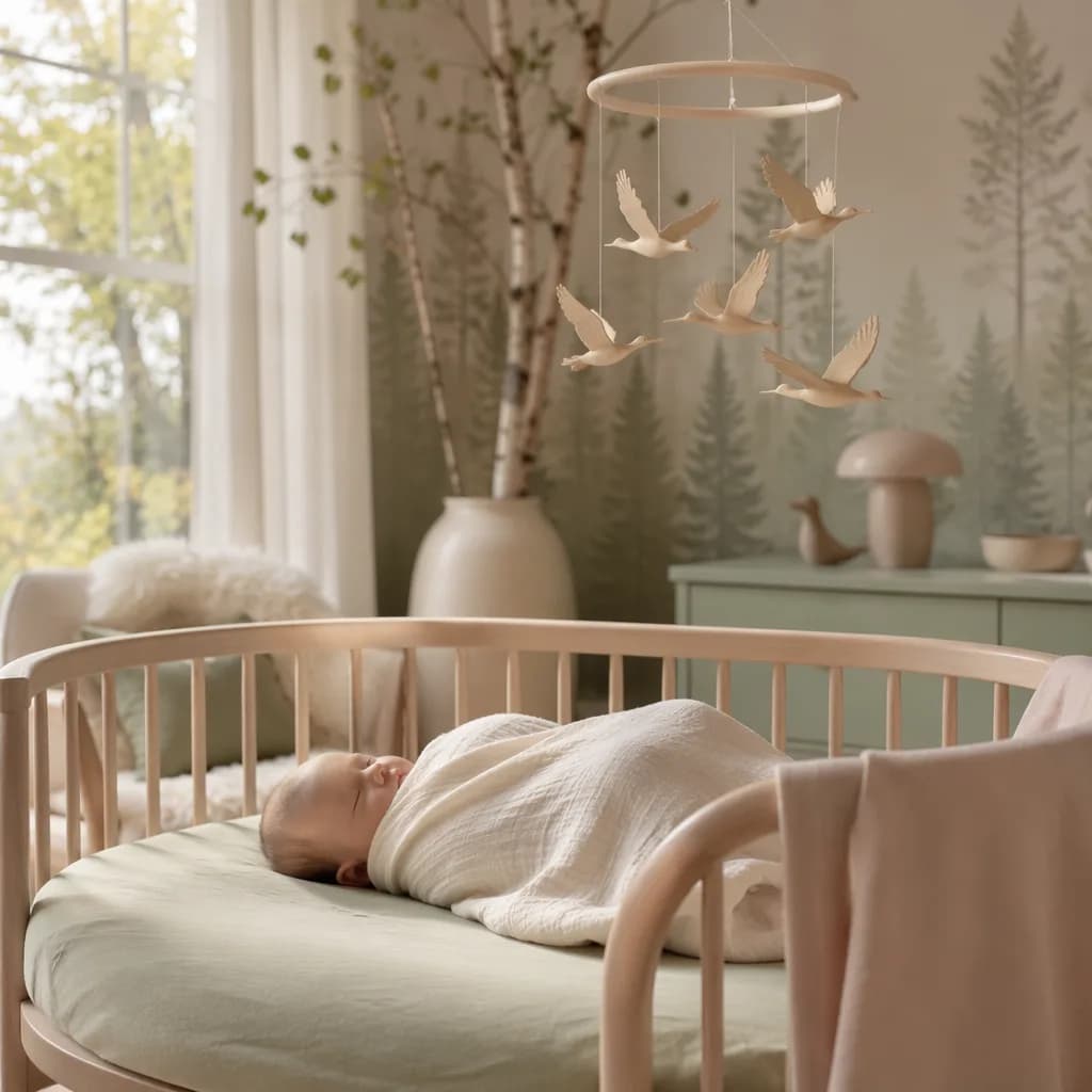 A softly lit nursery with a swaddled baby, birch decor, and a crane mobile.