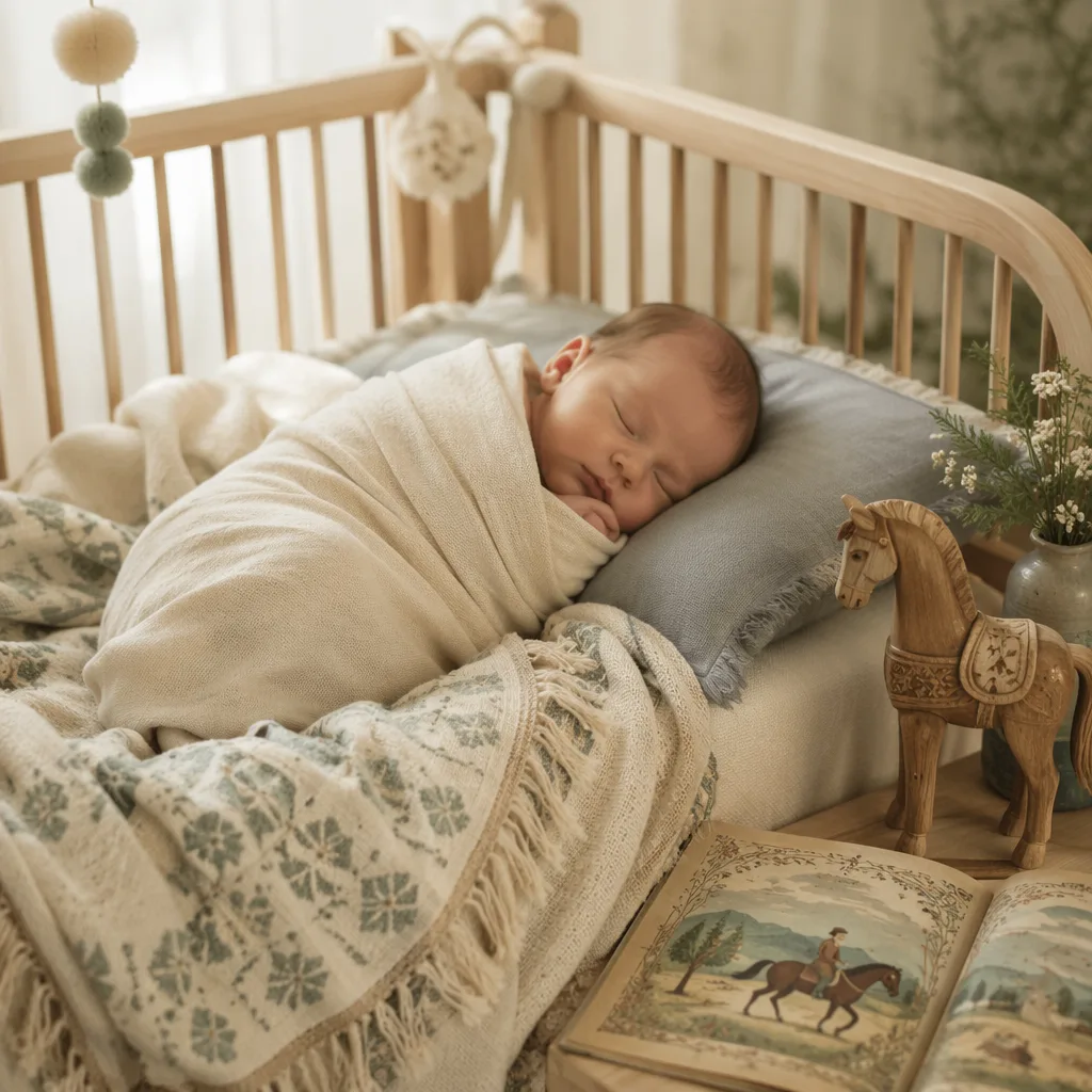 Sleeping newborn in a soft pastel nursery with Polish-inspired cozy details