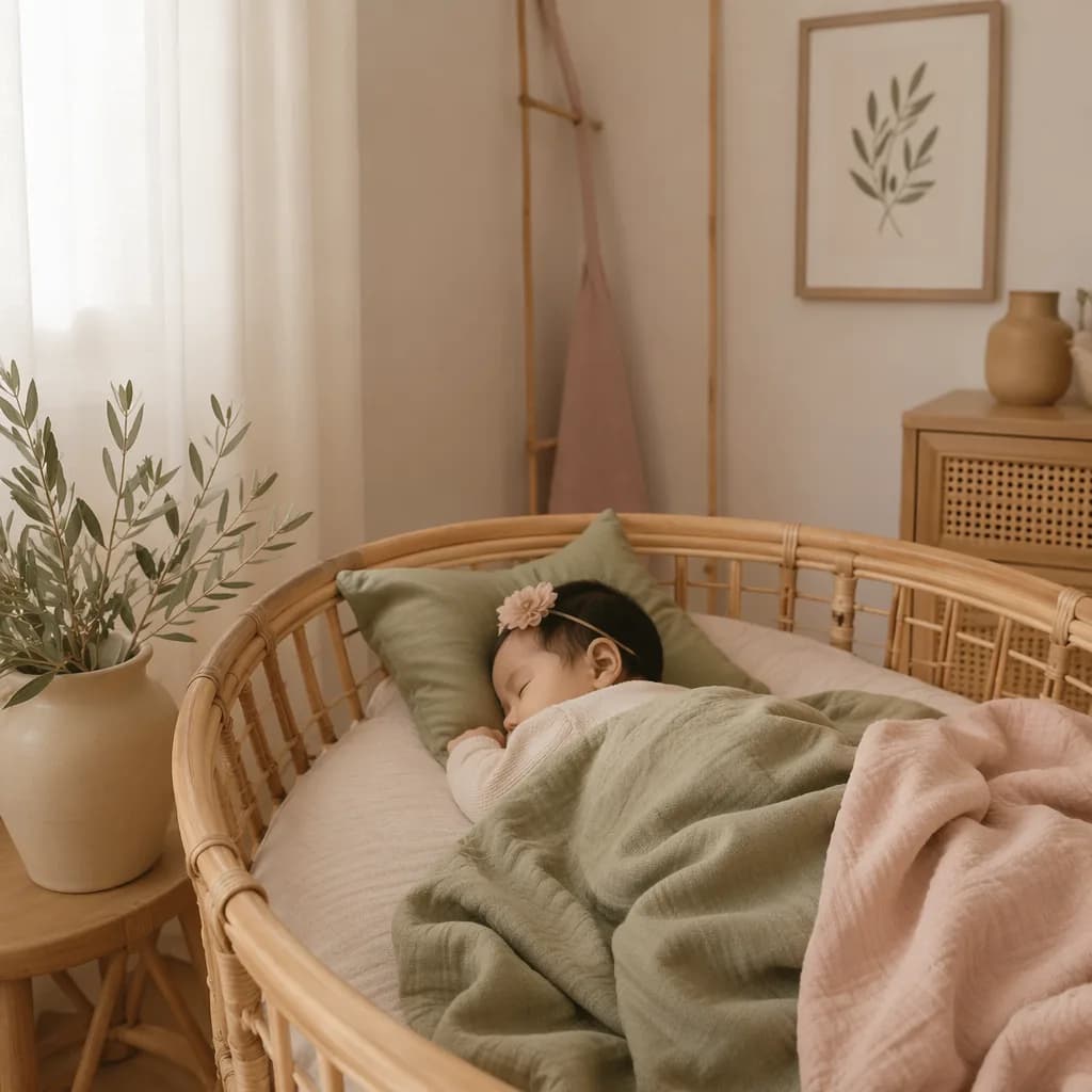 Peaceful Indonesian baby sleeping in a pastel nursery with olive-green accents.