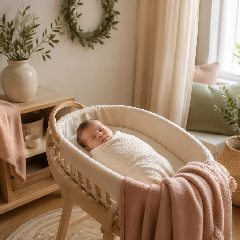 Peaceful Spanish-inspired nursery with a swaddled baby and olive branch accents.