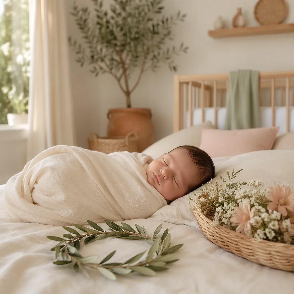 Sleeping swaddled baby in a soft Spanish-inspired nursery with olive branches and pastel flowers.