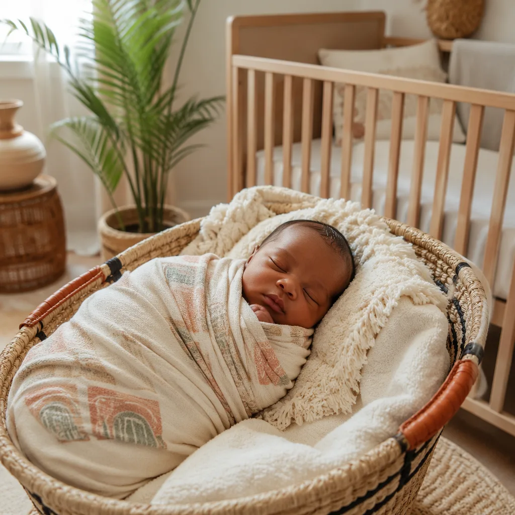 Sleeping newborn in a warm pastel Igbo-inspired nursery with soft natural light.