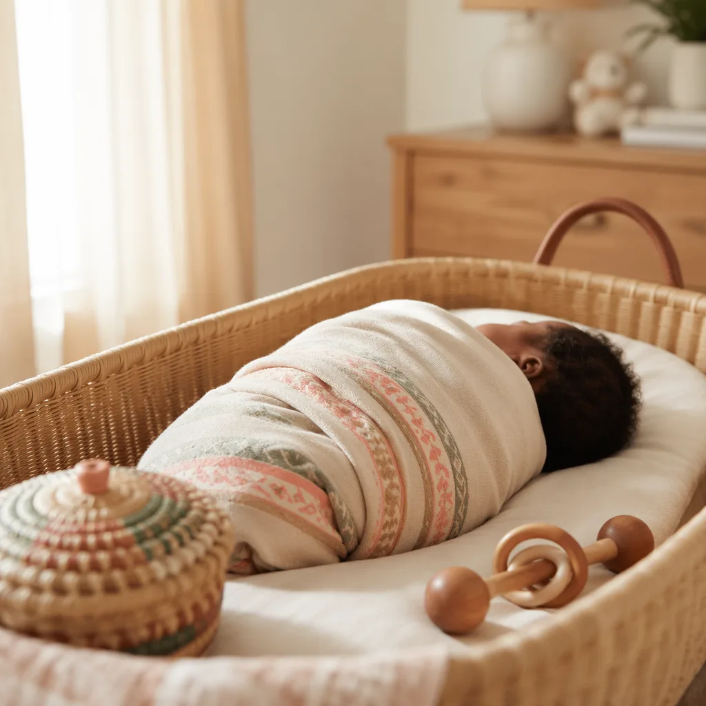 Peaceful newborn in a soft pastel nursery with subtle Igbo-inspired accents.