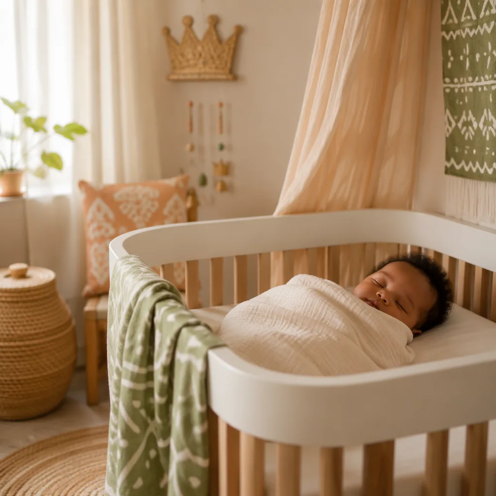 Sleeping baby in a cozy Yoruba-inspired pastel nursery with soft light and woven decor.