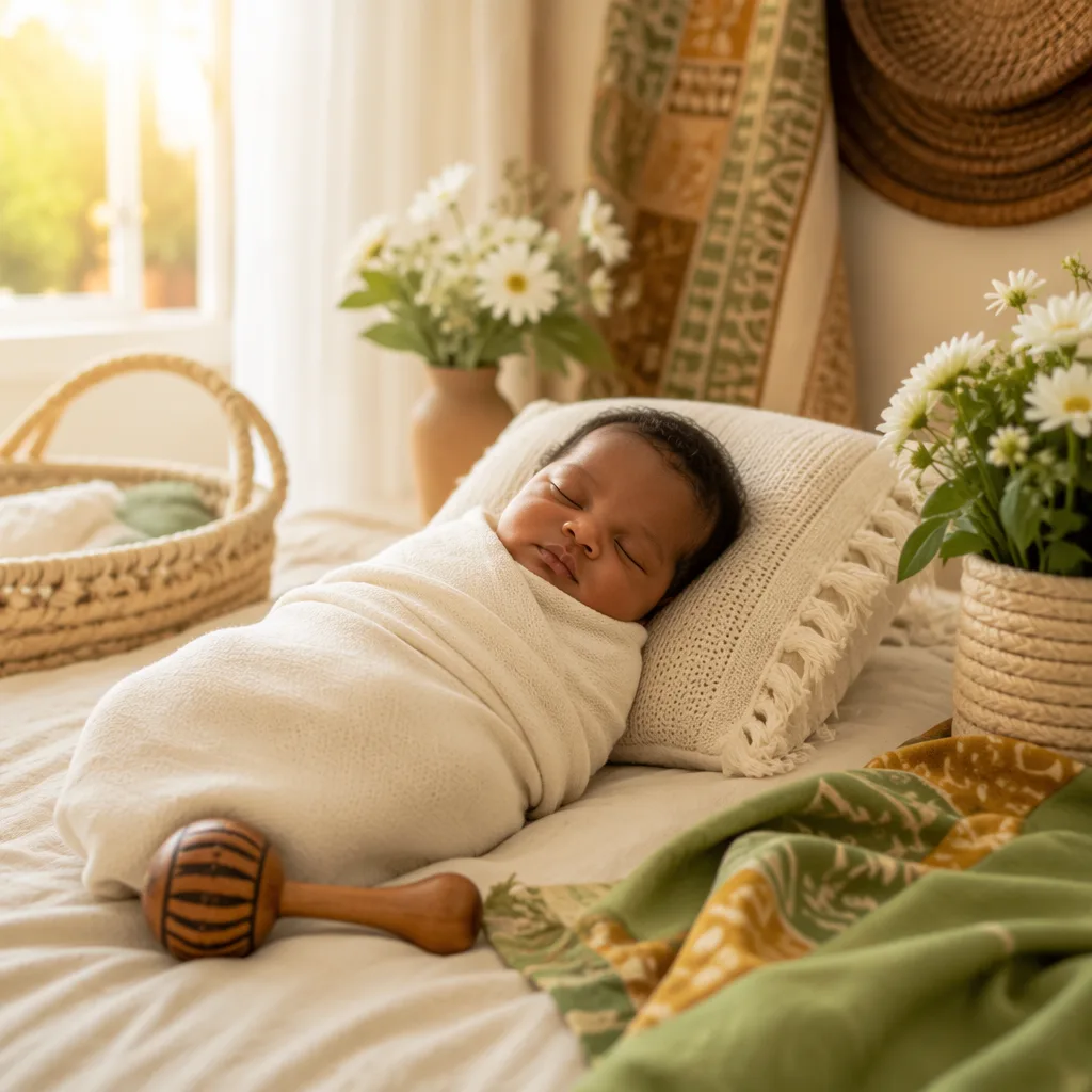 Sleeping newborn in a softly lit Yoruba-inspired nursery with warm woven accents.