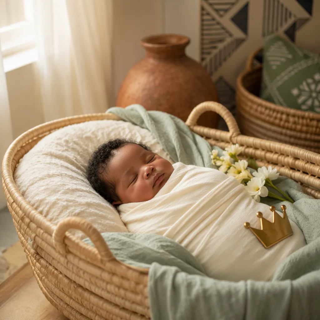 A sleeping newborn in a cozy Yoruba-inspired nursery with soft textiles and gentle natural light.