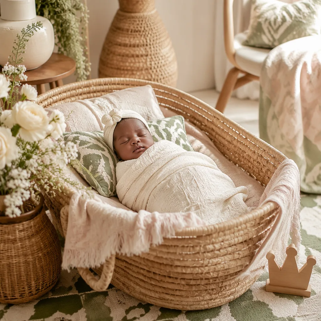 Sleeping newborn in a cozy Yoruba-inspired nursery with soft pastel decor.
