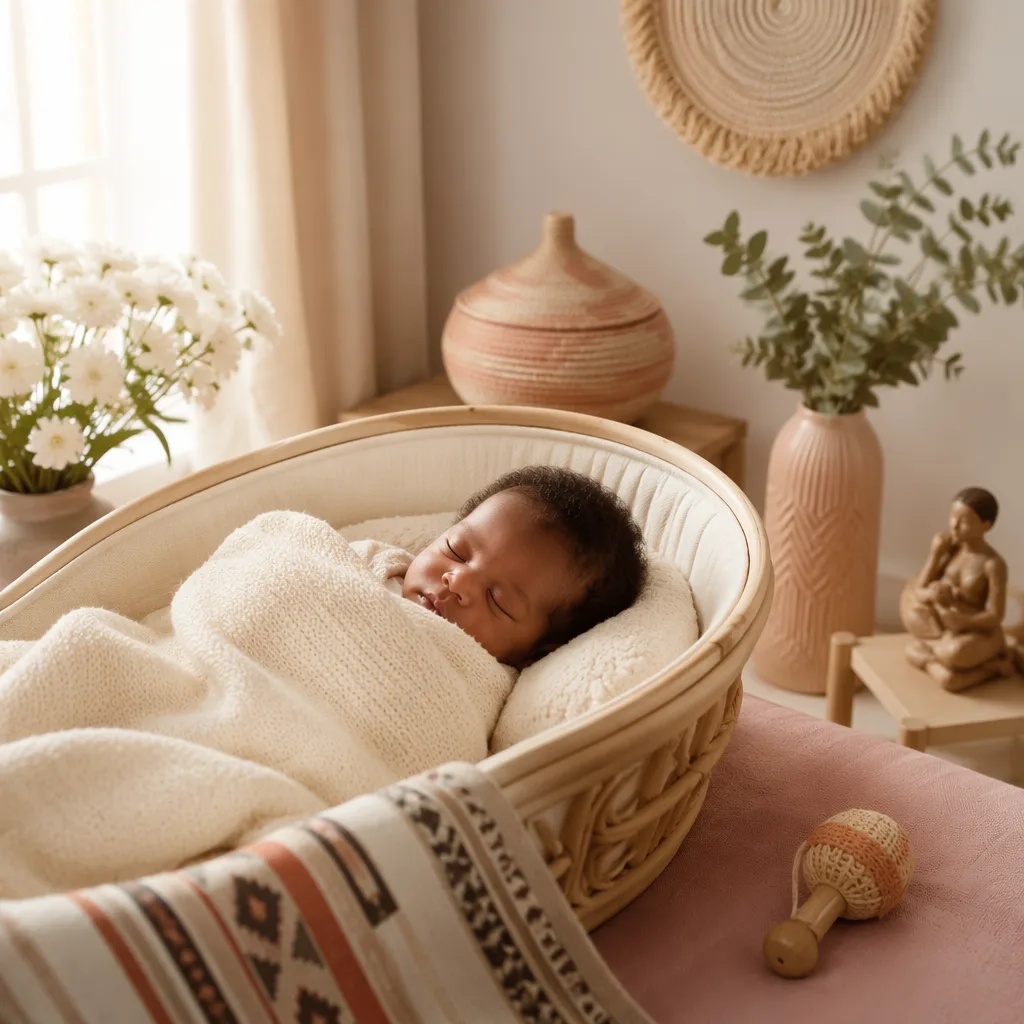 A peaceful newborn in a cozy pastel nursery with Yoruba-inspired woven details.