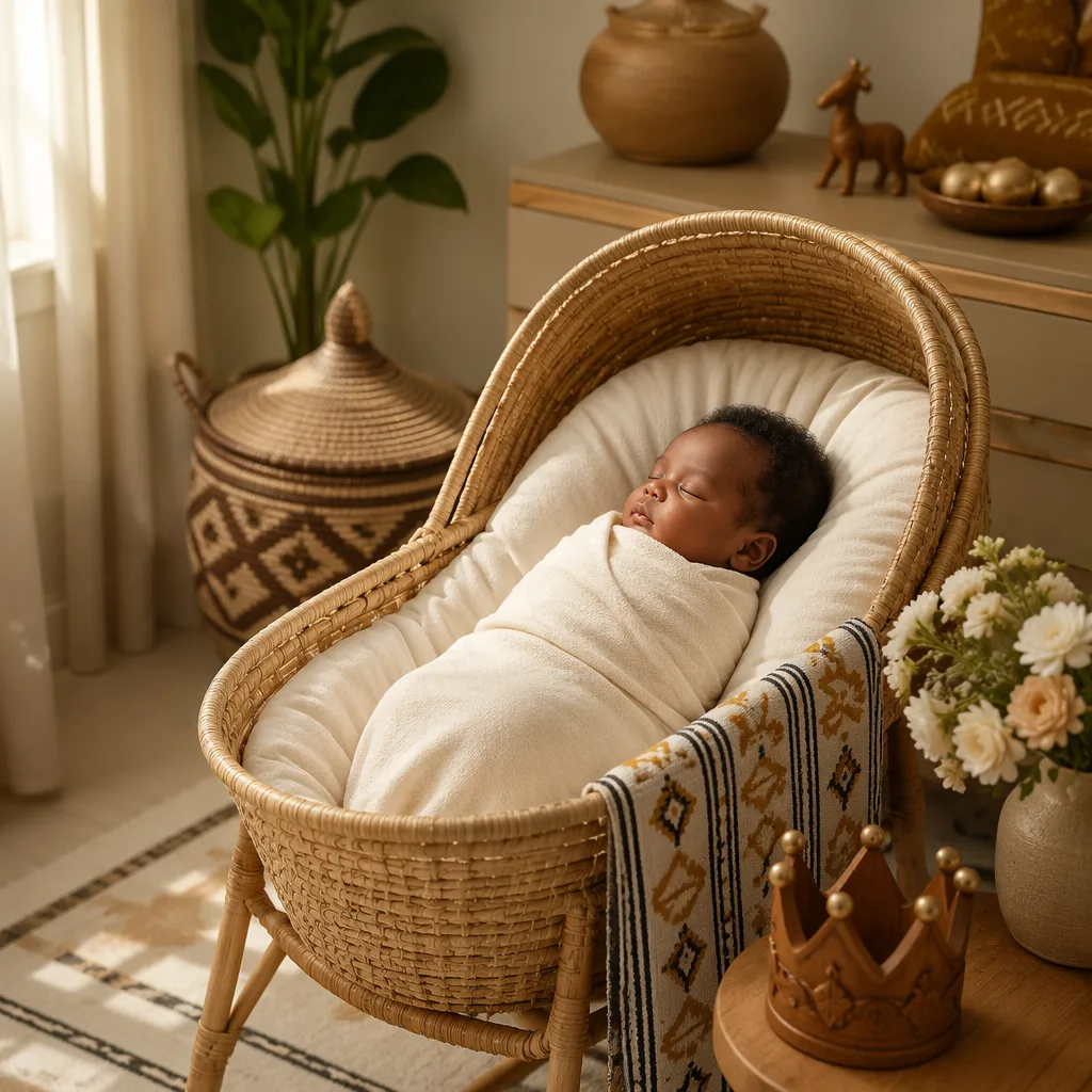Sleeping baby in a cozy Yoruba-inspired nursery with soft pastels, flowers, and a small crown.