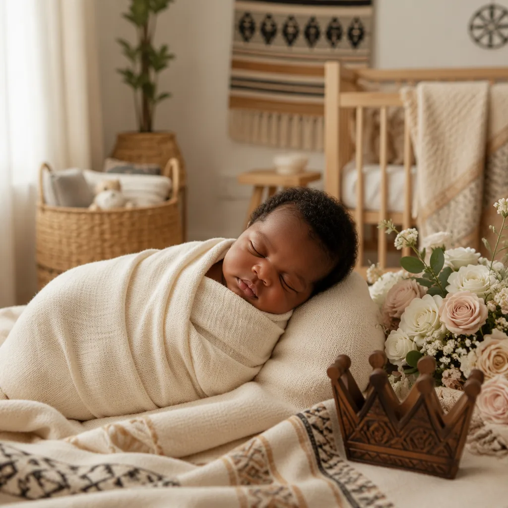 Peaceful Yoruba newborn in a soft nursery with woven textiles and a small crown motif.