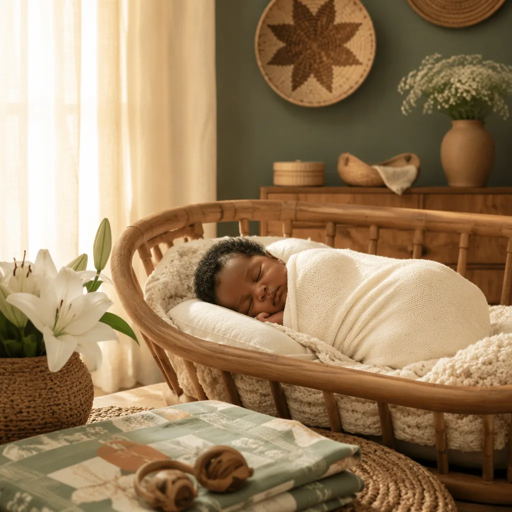 A peaceful newborn in a warm Yoruba-inspired nursery with soft natural light.