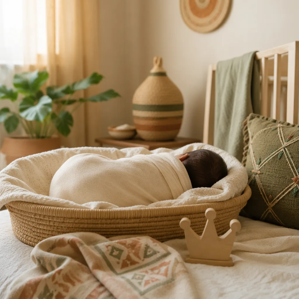 A softly lit Yoruba-inspired nursery scene with a swaddled newborn and symbolic keepsakes.