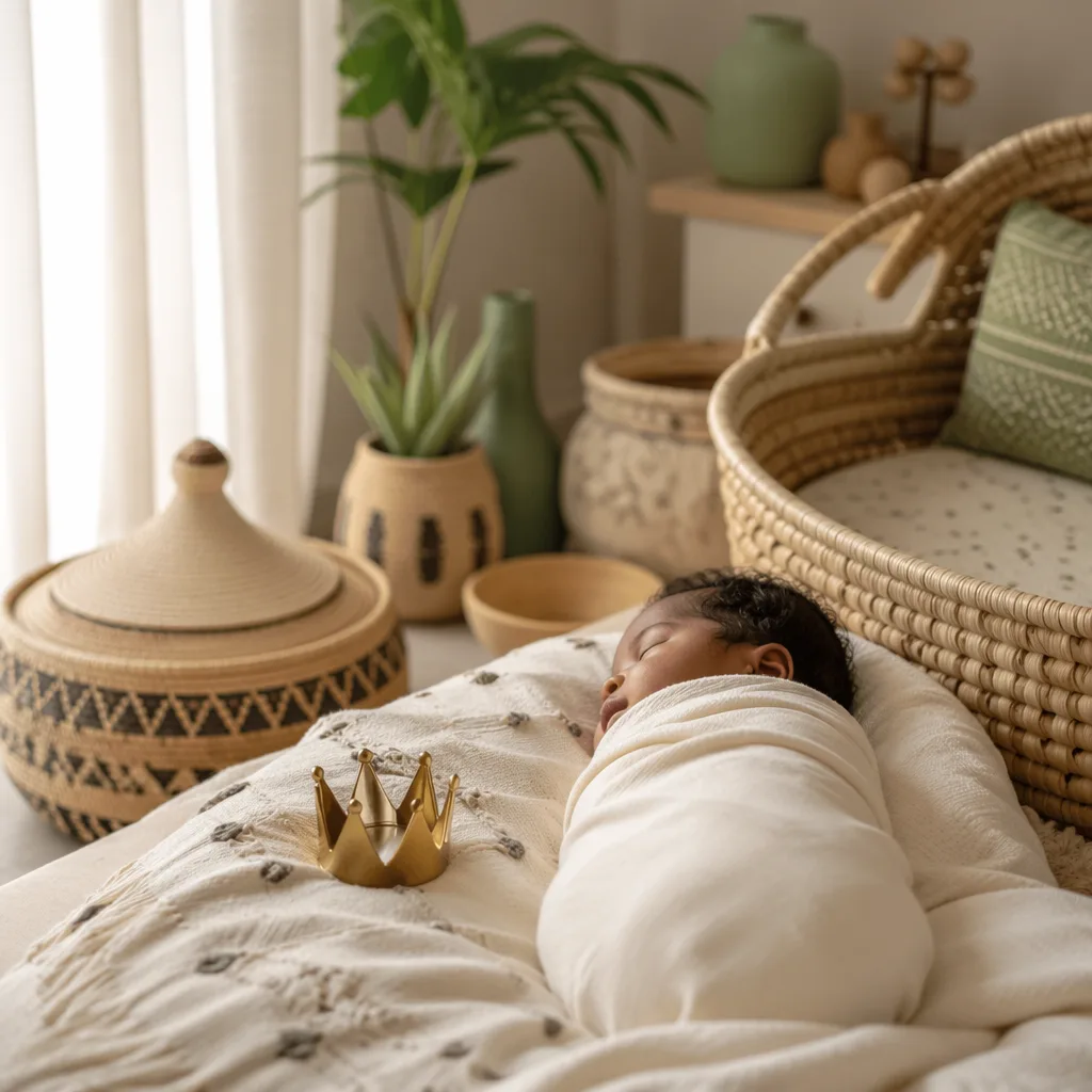 Sleeping Nigerian newborn in a warm pastel nursery with woven details and a small crown keepsake.