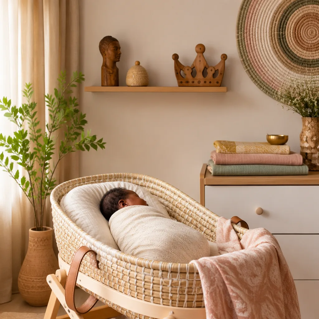 A serene Yoruba-inspired nursery with a swaddled sleeping baby, soft aso-oke accents, and warm golden light.