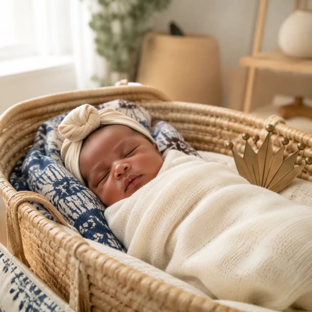 A peaceful newborn in a cozy Yoruba-inspired nursery with soft fabrics and gentle natural light.