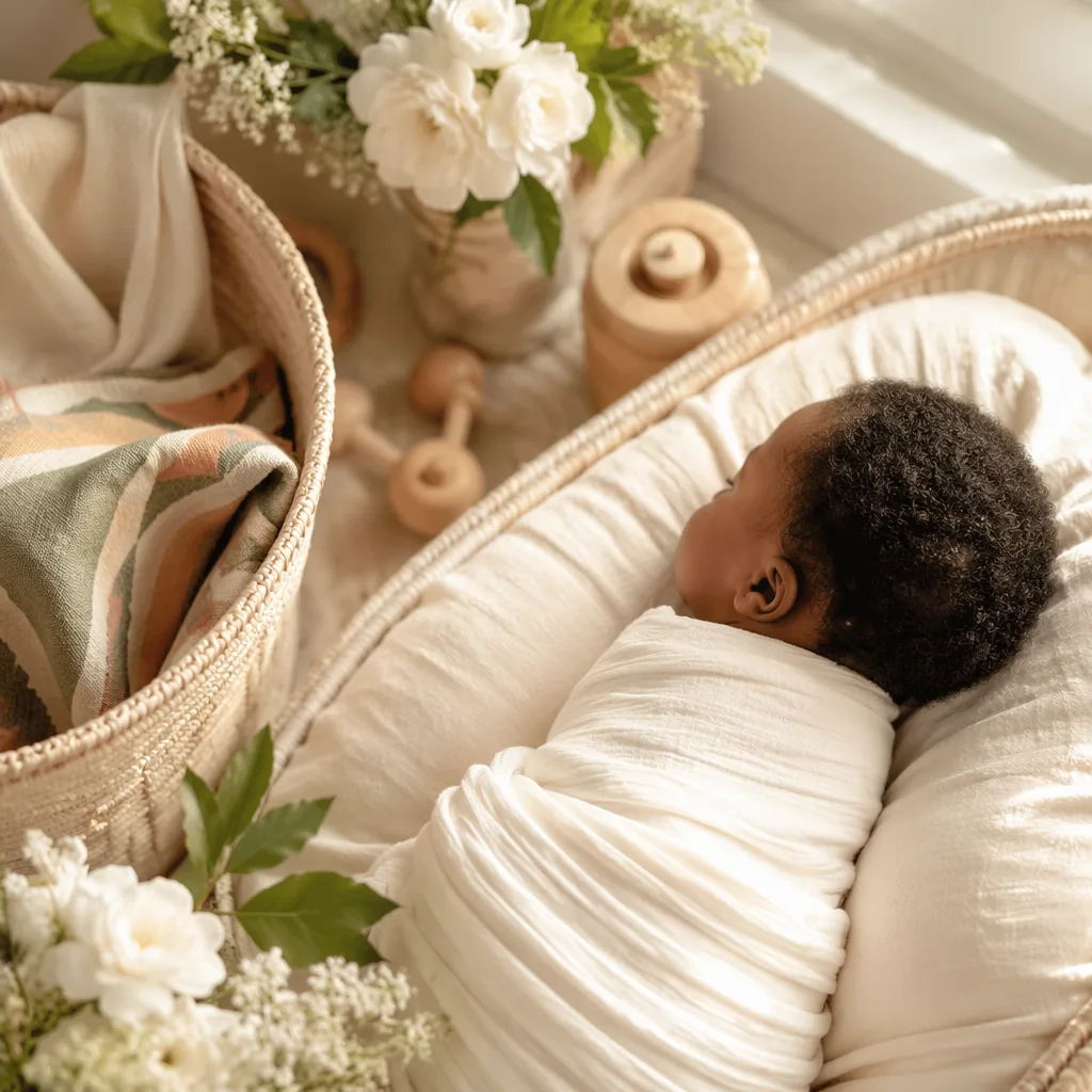 A peaceful swaddled baby in a warm pastel nursery with woven Yoruba-inspired details.