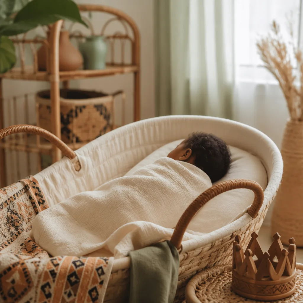 A softly lit Yoruba-inspired nursery with a swaddled baby, woven textiles, and a small crown motif.