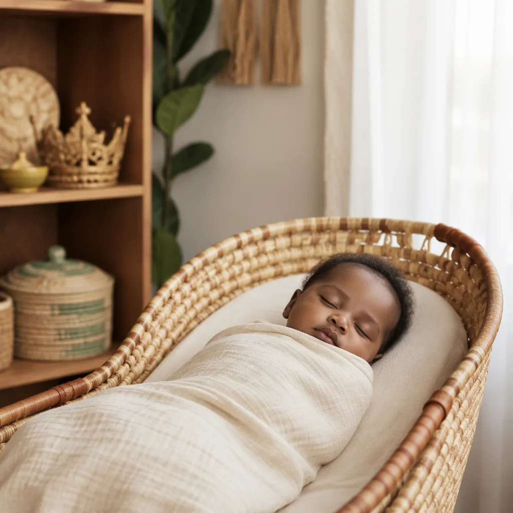 Sleeping newborn in a soft Yoruba-inspired nursery with warm pastel decor and gentle light.